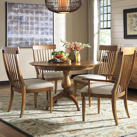 Five-Piece Round Single Pedestal Dining Table & Windsor Dining Chairs with Cushion Seats Set